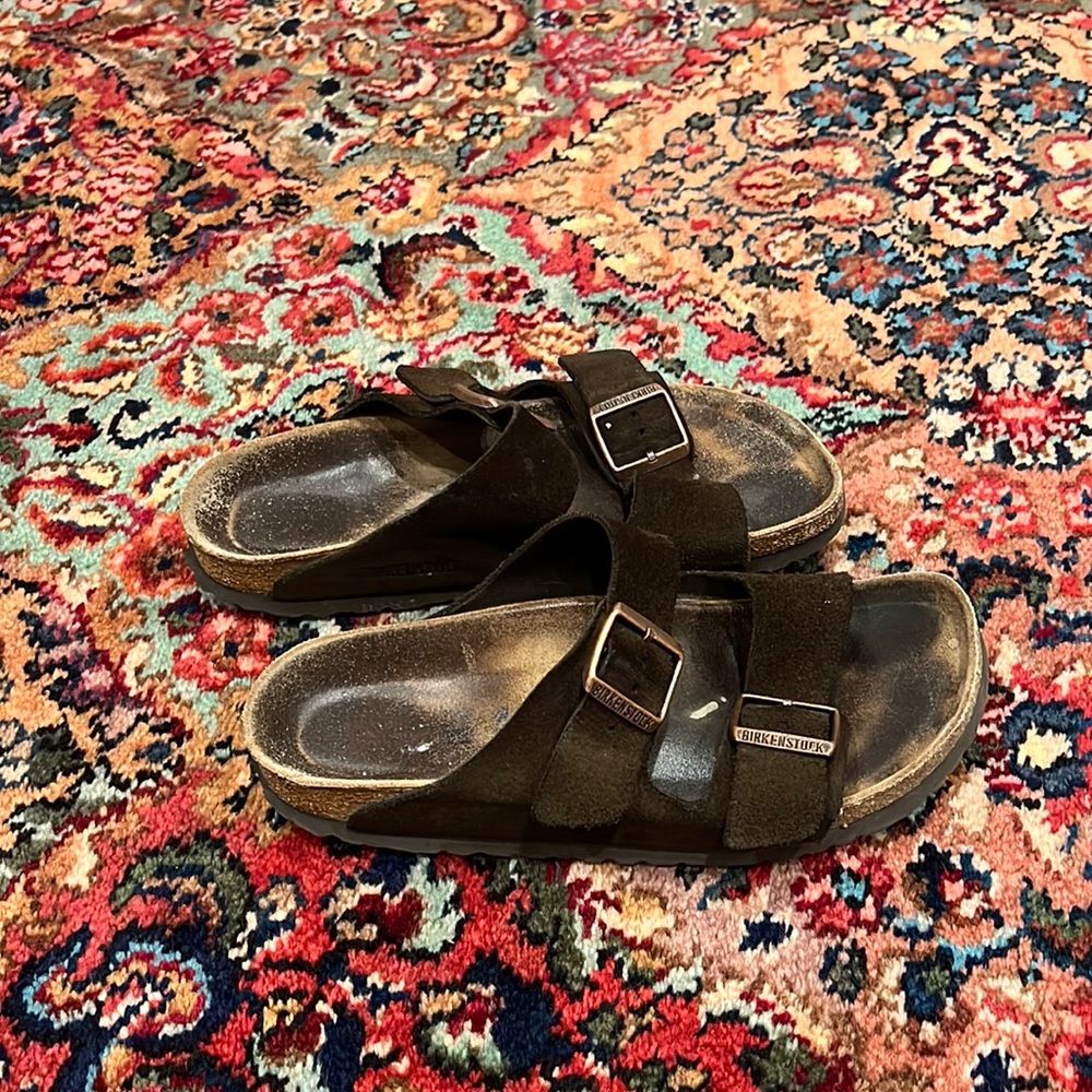 Birkenstock Arizona brown suede copper buckle.